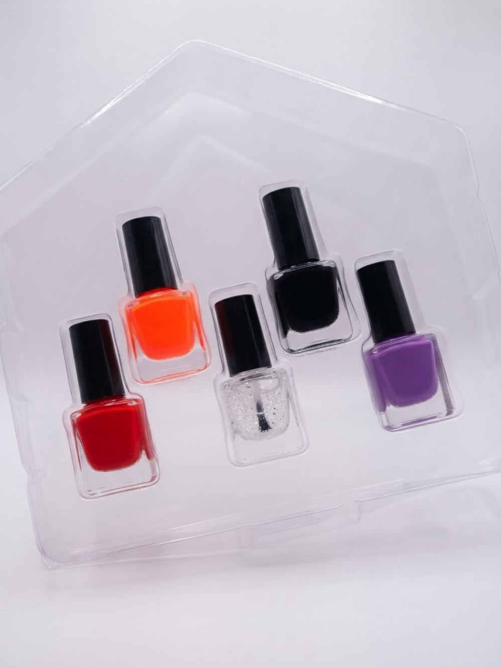 Five-Piece Nail Polish Set in Red, Orange, Black, Purple, and Clear Glitter